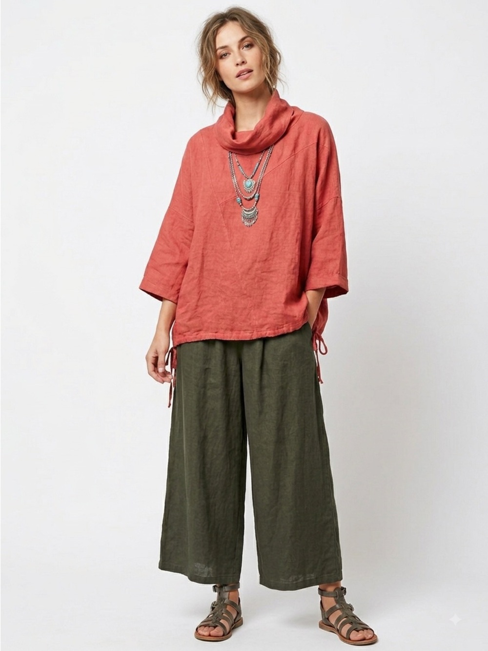 Vivian Shyu Italian 100% Linen Relaxed Top Cowl M Neck Lagenlook Tunic Coral Tie